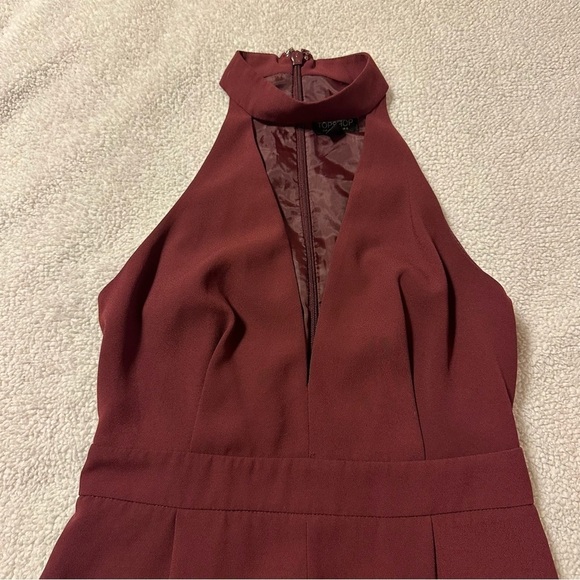 Topshop Plunge V Neck Maroon Jumpsuit Halter Sleeveless Straight Leg - Picture 5 of 11
